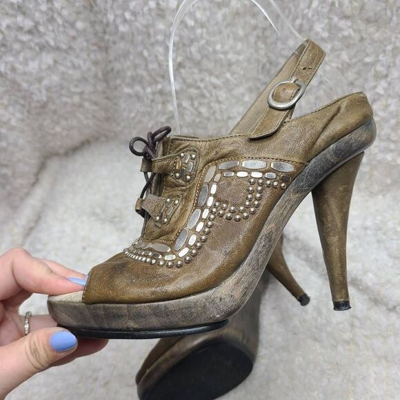 Calleen Cordero Embellished Studded Leather Peep-toe Slingback Platform Heels sz - Picture 8 of 8